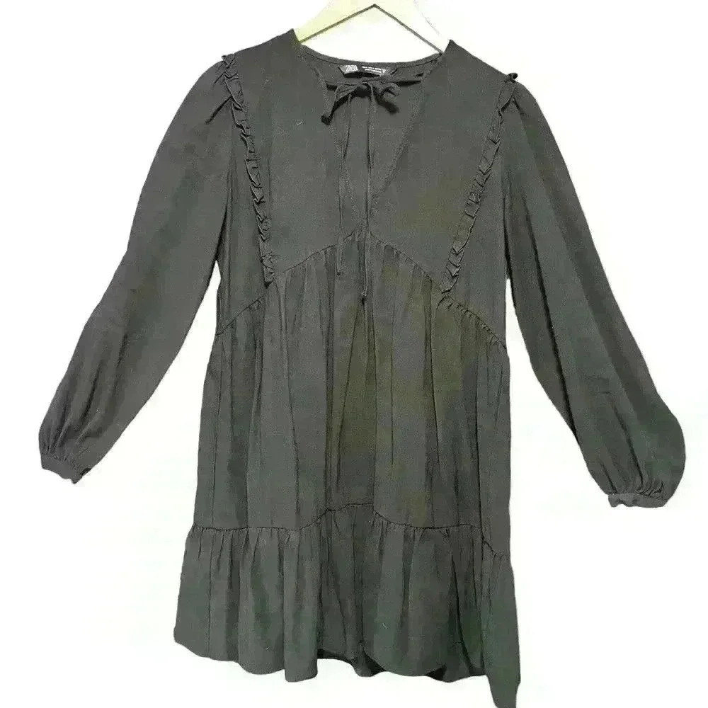 ZARA Black Long Sleeve Ruffle Oversized Key Hole Tie Swing Mini Dress Women S